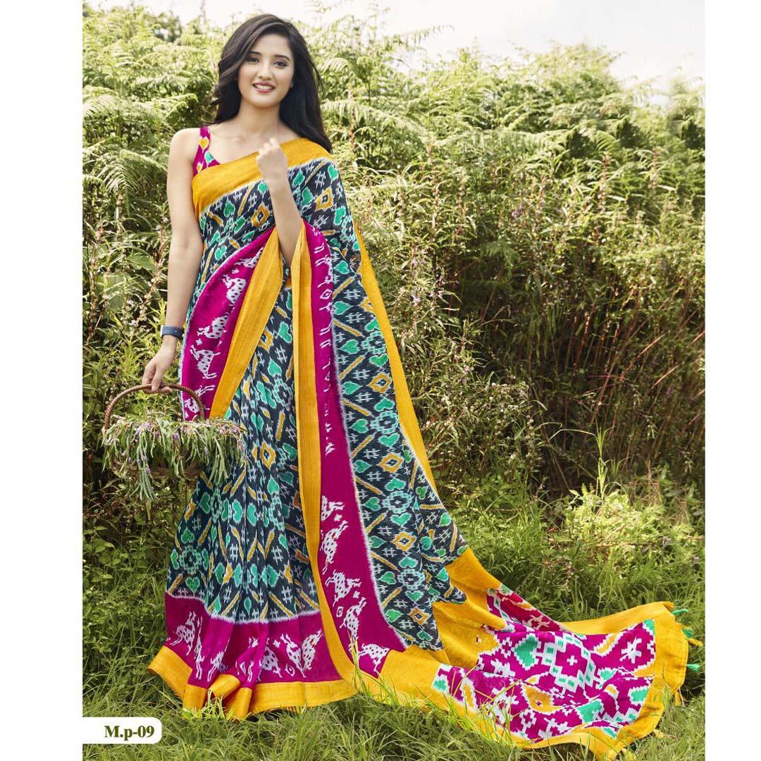 Glowing Dark Blue Colored  Party Wear Pure linen Printed Saree