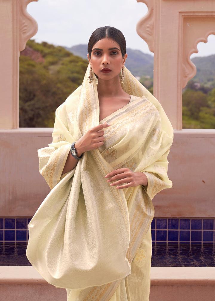 Graceful Light Yellow Colored Printed Pure Soft Silk Saree