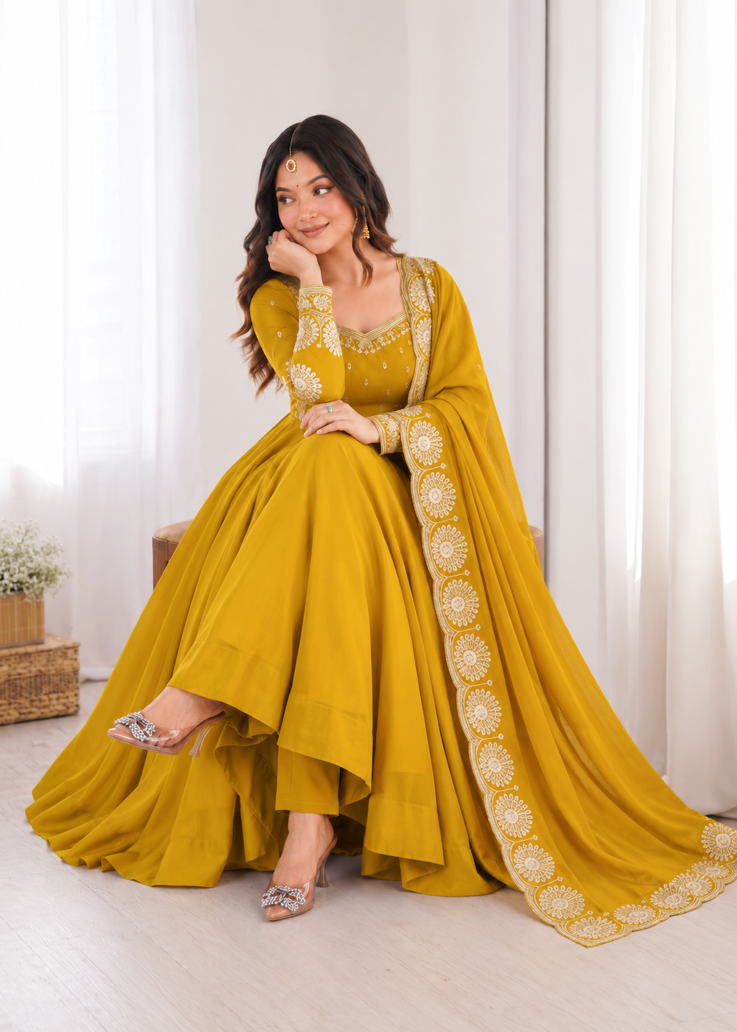 Elegant yellow Embroidered Anarkali Suit Set