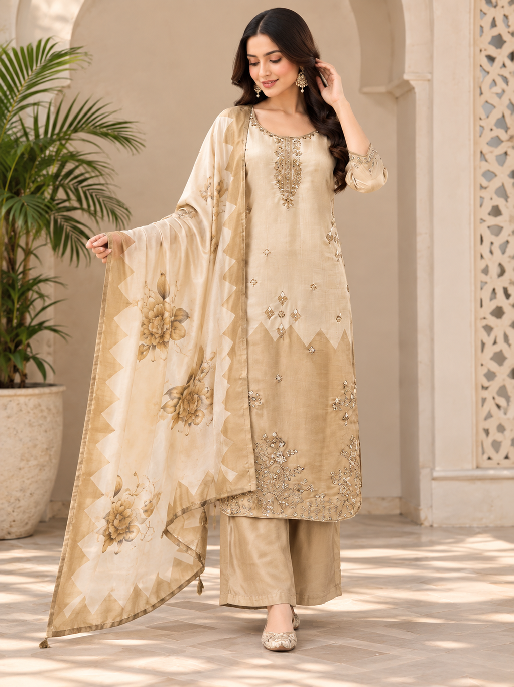 Beige Gold Beads & Sequin Work Kurti Set