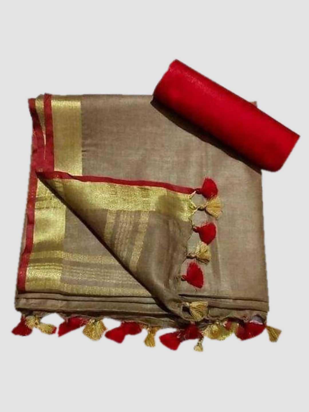 Linen cotton saree in Tan , dazzling designer wear