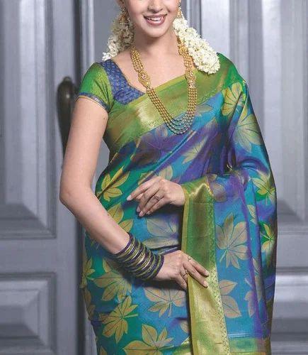 Linen saree Kalamkari printed blue and green color