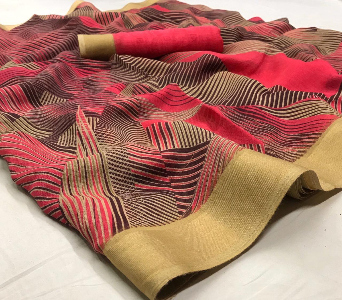 Lovely Pink Colored With Gold Border  Partywear Printed Pure Linen saree