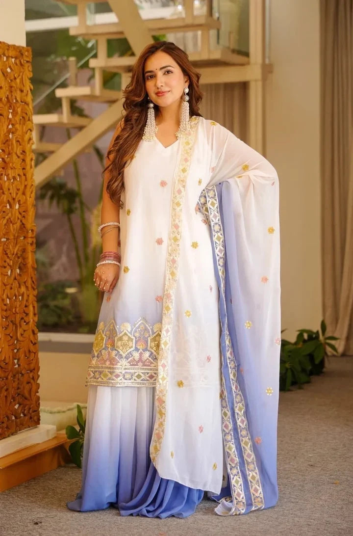 Ivory White Ombre Embroidered Kurta Palazzo Set