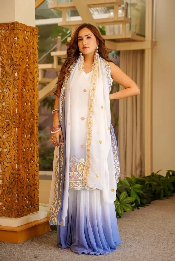 Ivory White Ombre Embroidered Kurta Palazzo Set