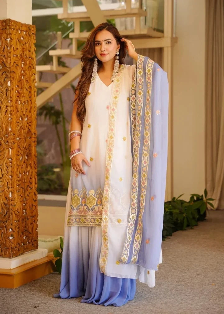 Ivory White Ombre Embroidered Kurta Palazzo Set