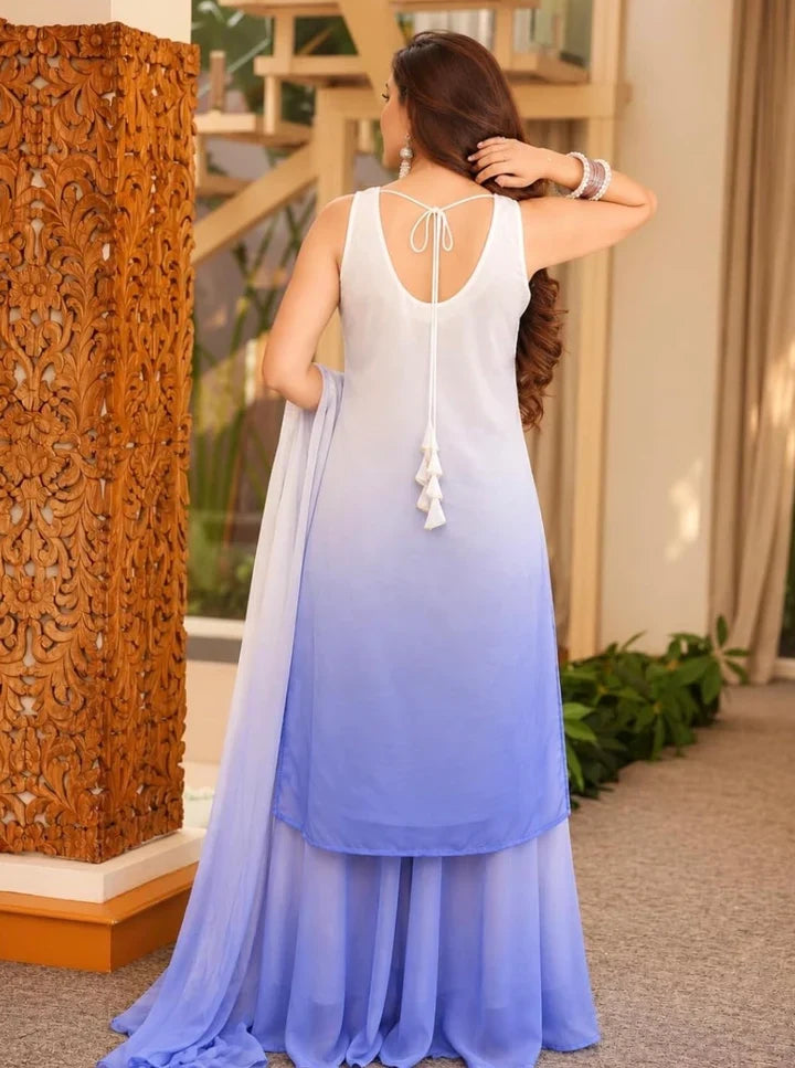 Ivory White Ombre Embroidered Kurta Palazzo Set