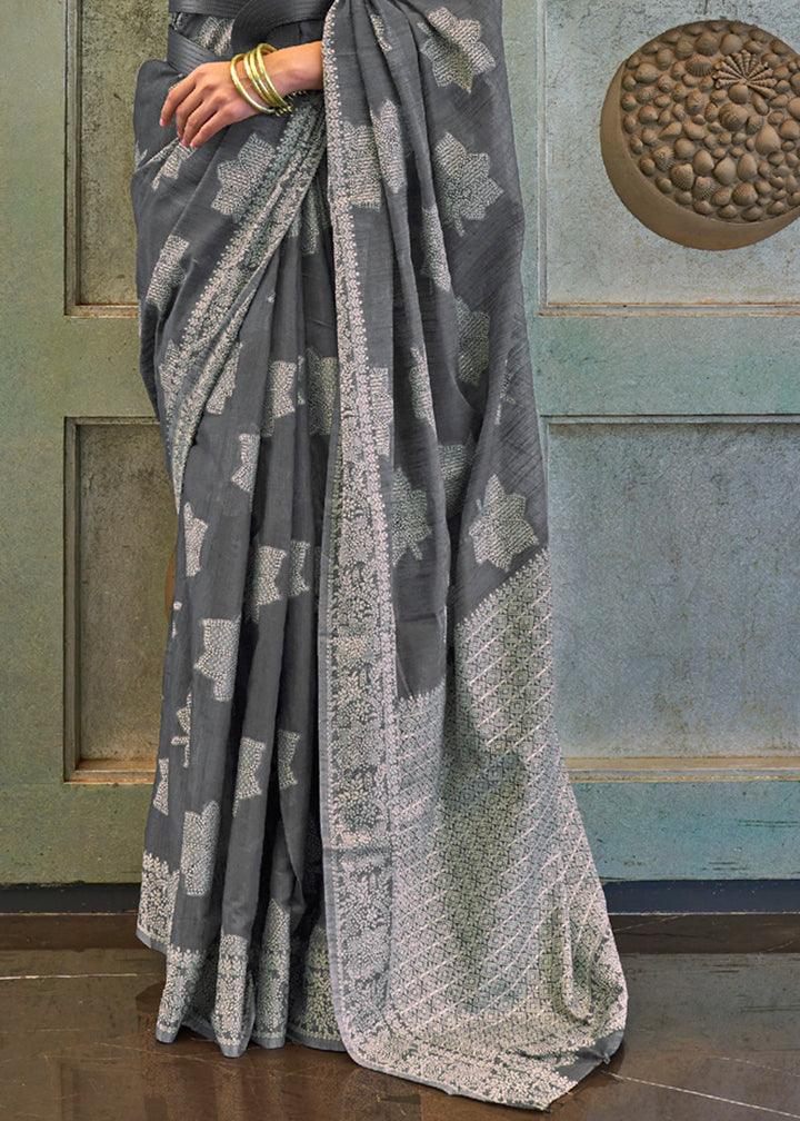 Mesmerising Gray Colored Printed Pure Soft Silk Saree
