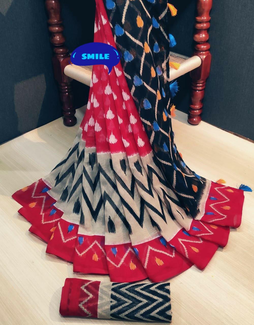 Mesmerising Pure Linen Red And Black Colored Casual Printed Saree