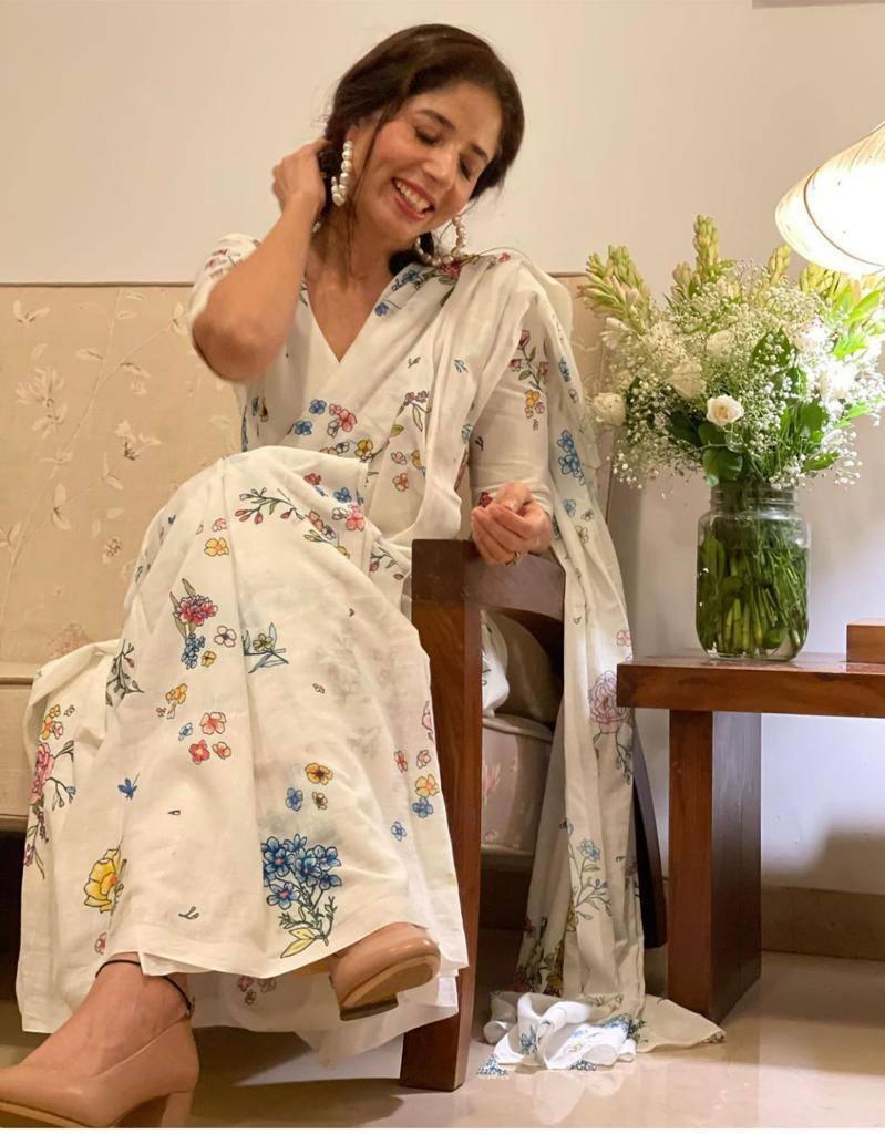 Off White Digital Printed Linen Latest Saree
