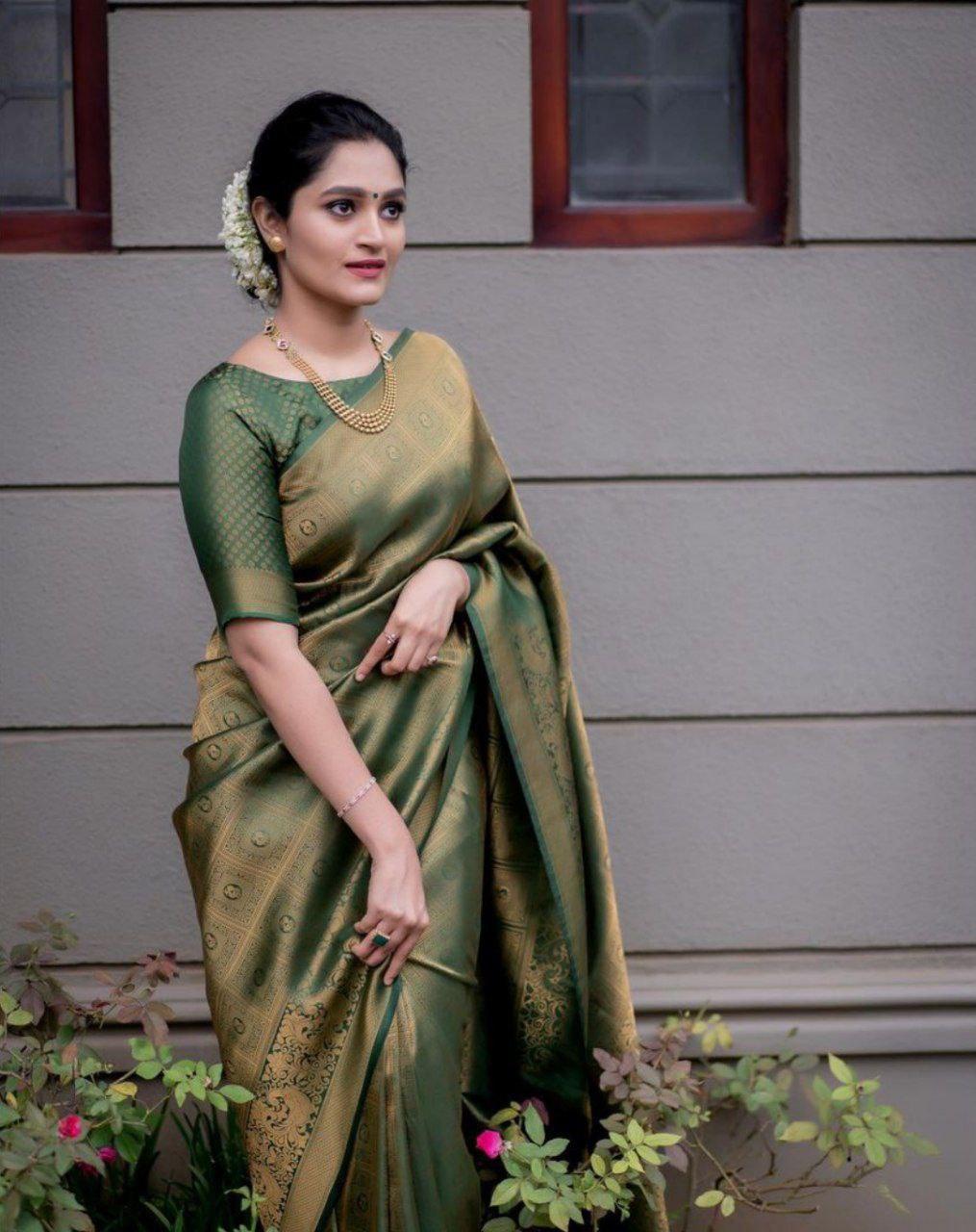 Olive Green Art Silk Jacquard Work Saree