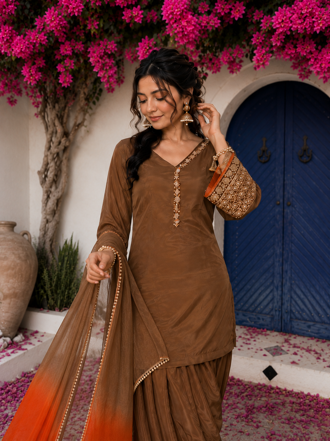 Brown Embroidered Farshi Kurta Set