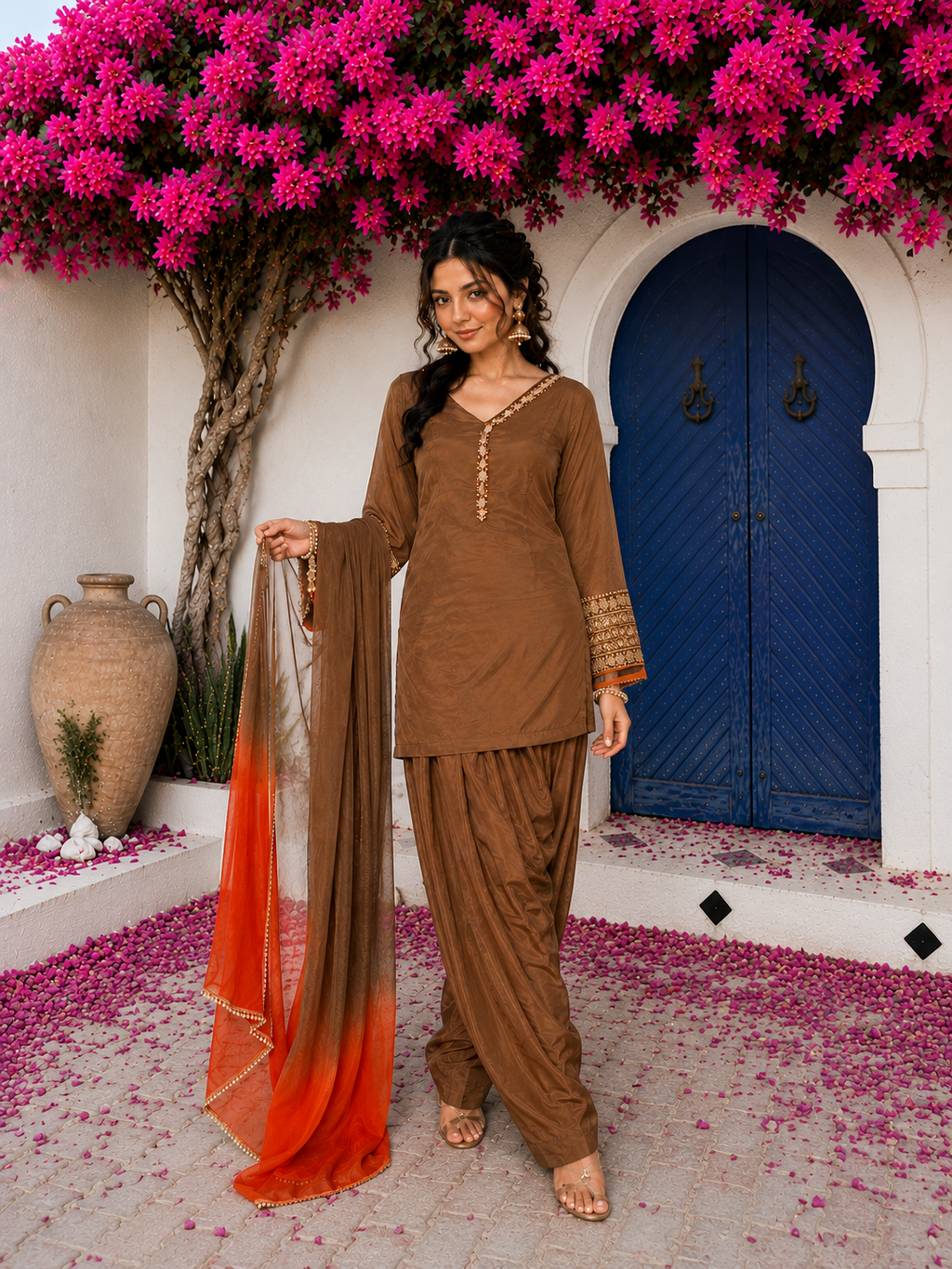 Brown Embroidered Farshi Kurta Set