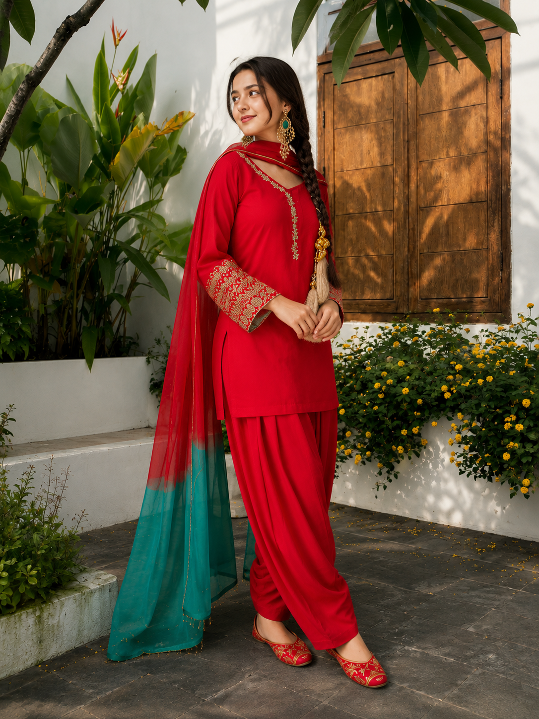 Red Embroidered Farshi Kurta Set