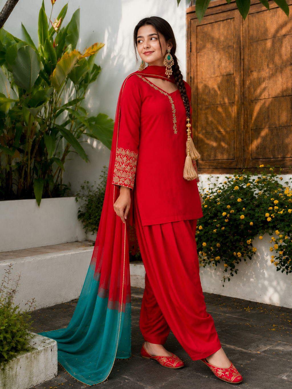 Red Embroidered Farshi Kurta Set