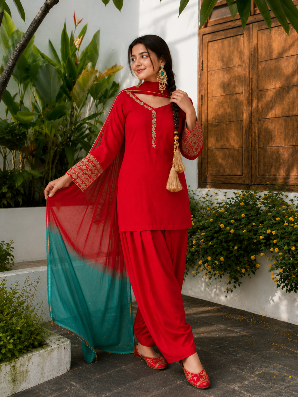 Red Embroidered Farshi Kurta Set