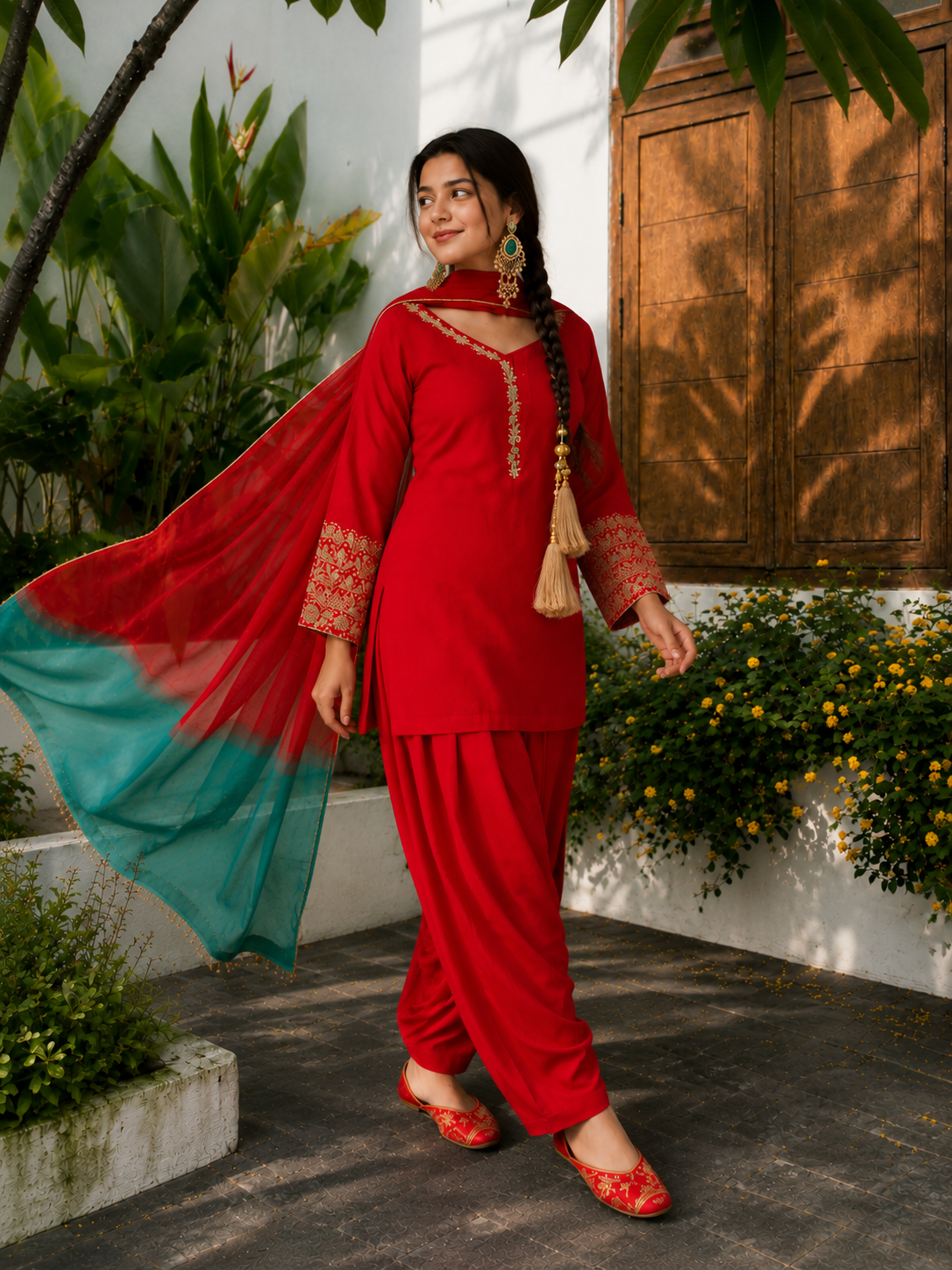 Red Embroidered Farshi Kurta Set