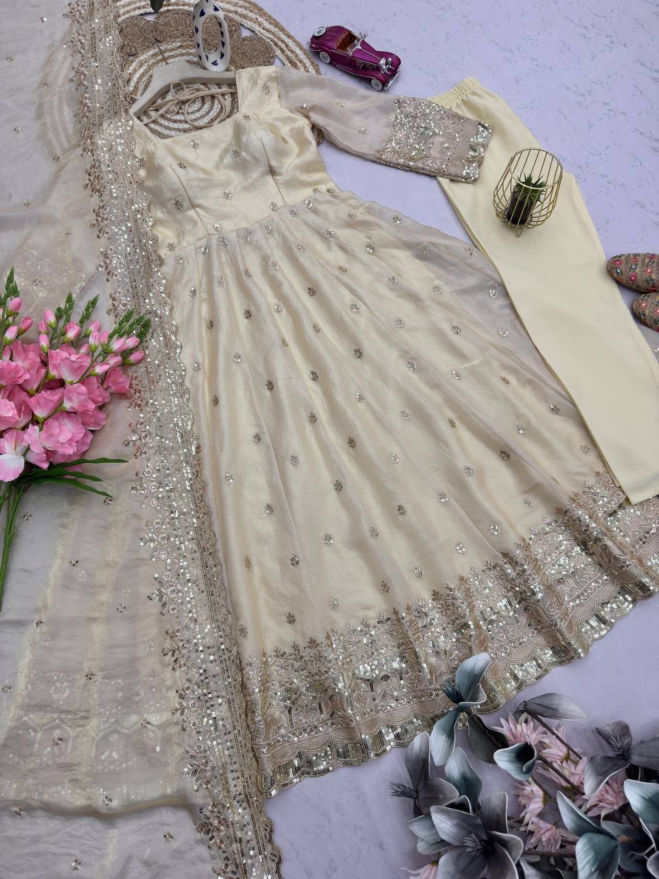 Moonstone Ivory Fandy Silk Anarkali Suit Set with Dupatta