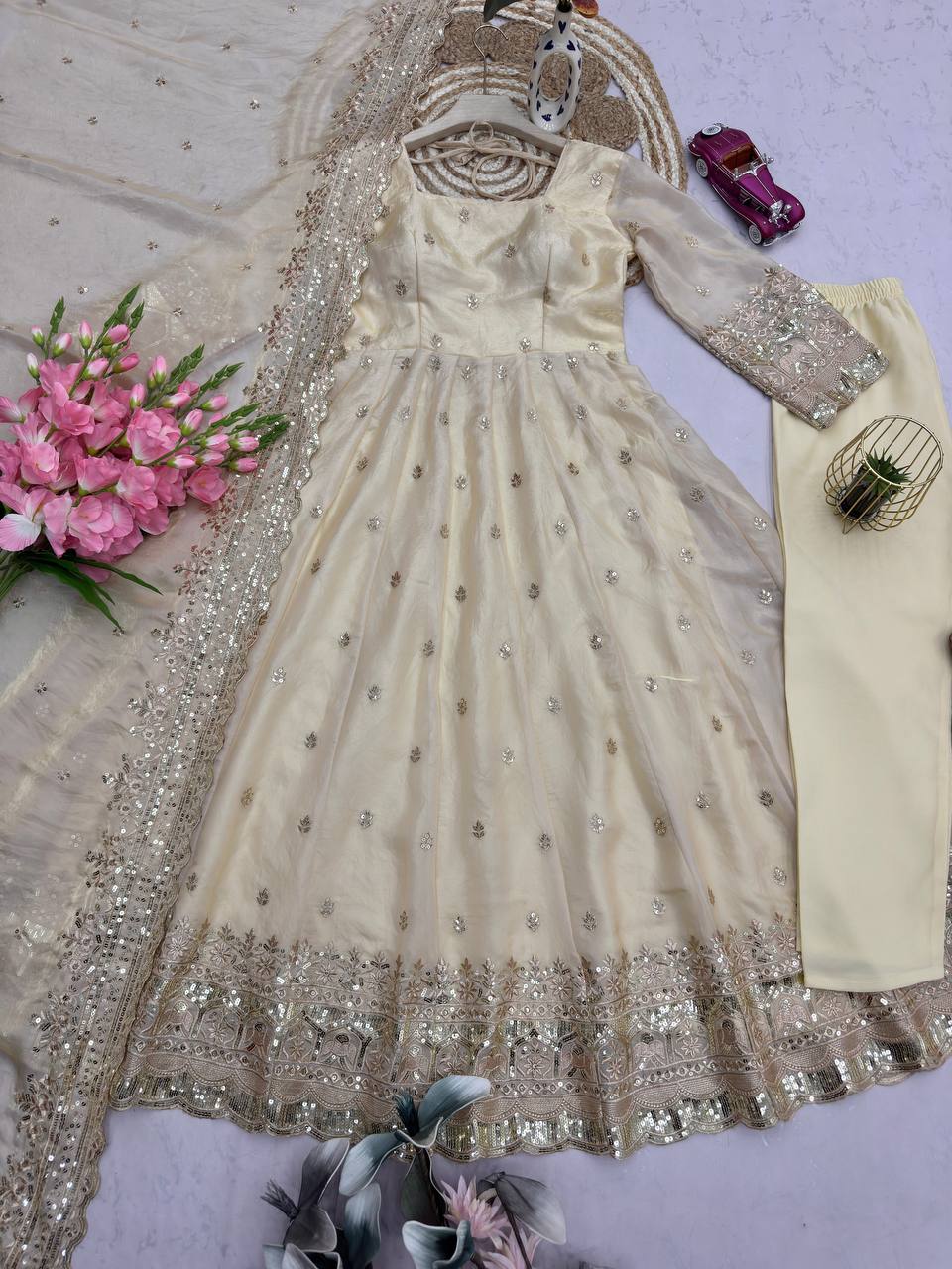 Moonstone Ivory Fandy Silk Anarkali Suit Set with Dupatta