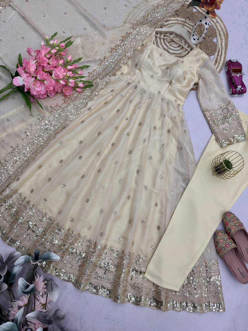 Moonstone Ivory Fandy Silk Anarkali Suit Set with Dupatta