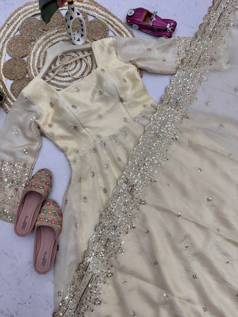 Moonstone Ivory Fandy Silk Anarkali Suit Set with Dupatta