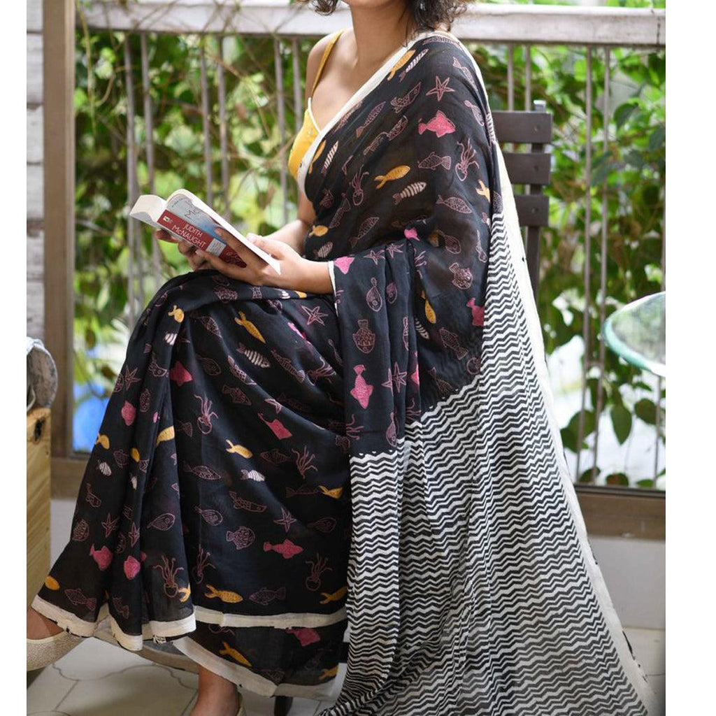 Pretty Black Colored Festive Wear Pure Linen Designer Saree