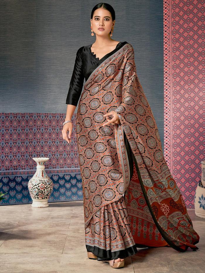 Printed Maroon Colored Silk Saree