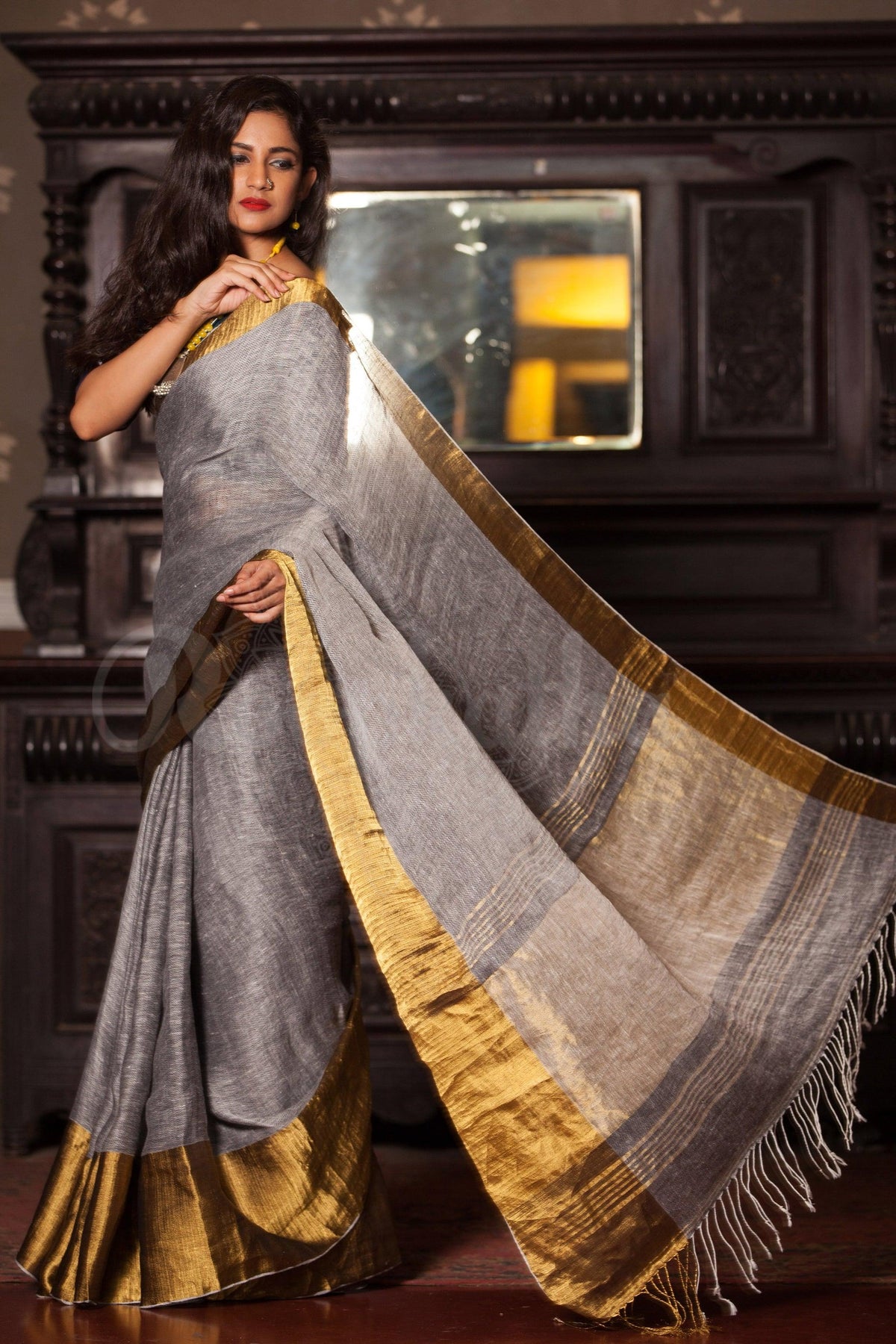 Pure linen saree in Light grey, festive wear