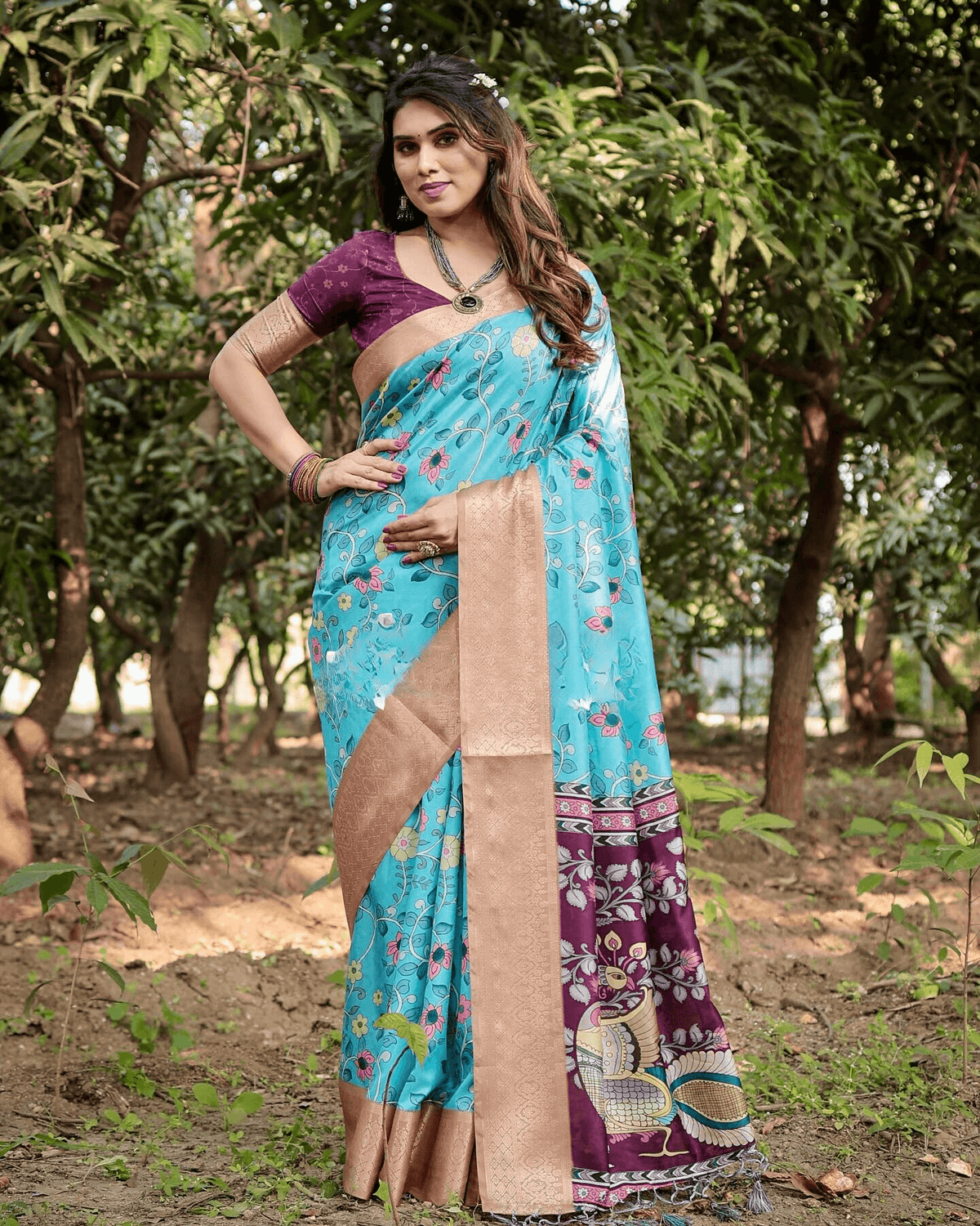 Refreshing Sky Blue And Purple Color Jacquard Silk Saree With Zari Border Blouse