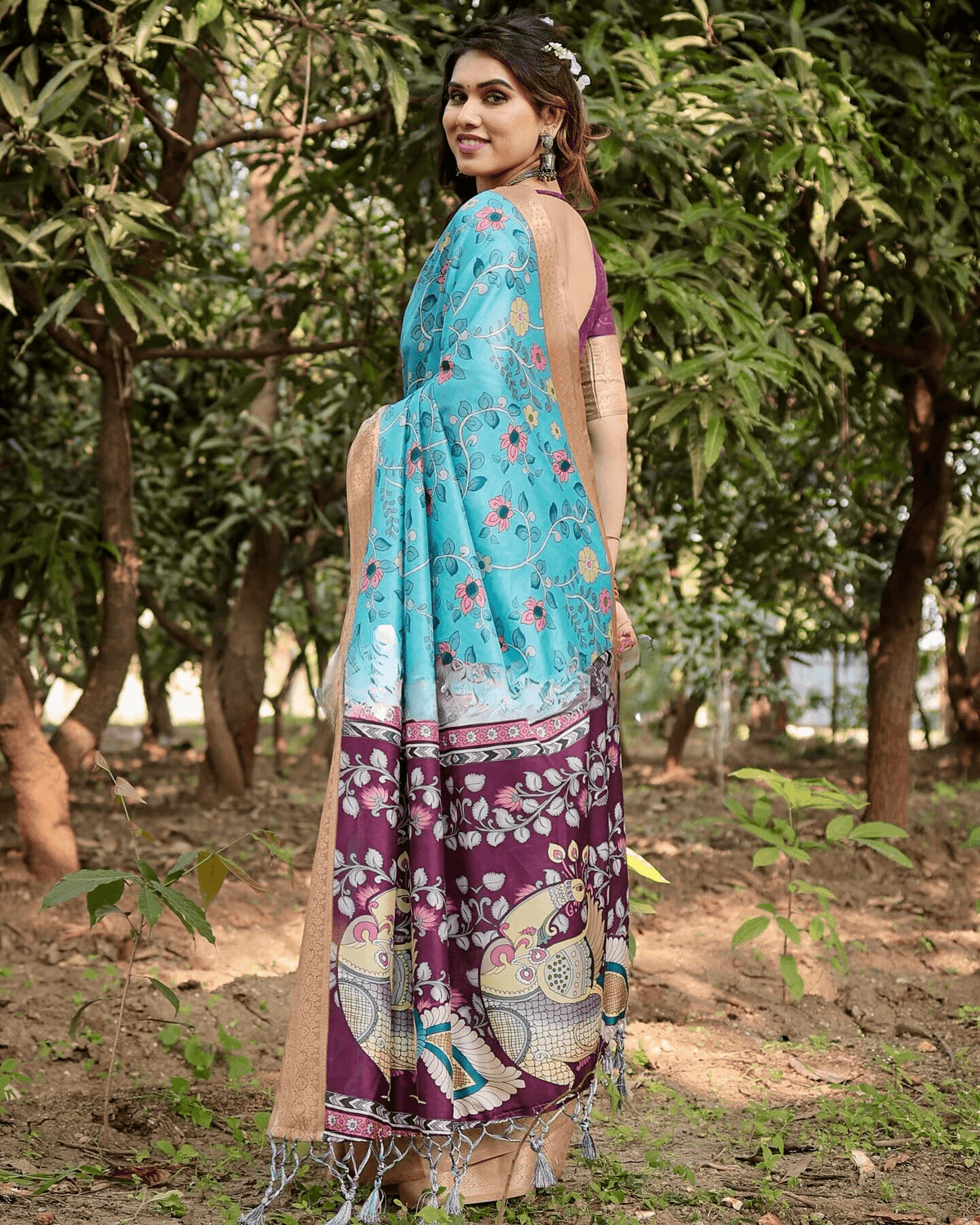 Refreshing Sky Blue And Purple Color Jacquard Silk Saree With Zari Border Blouse