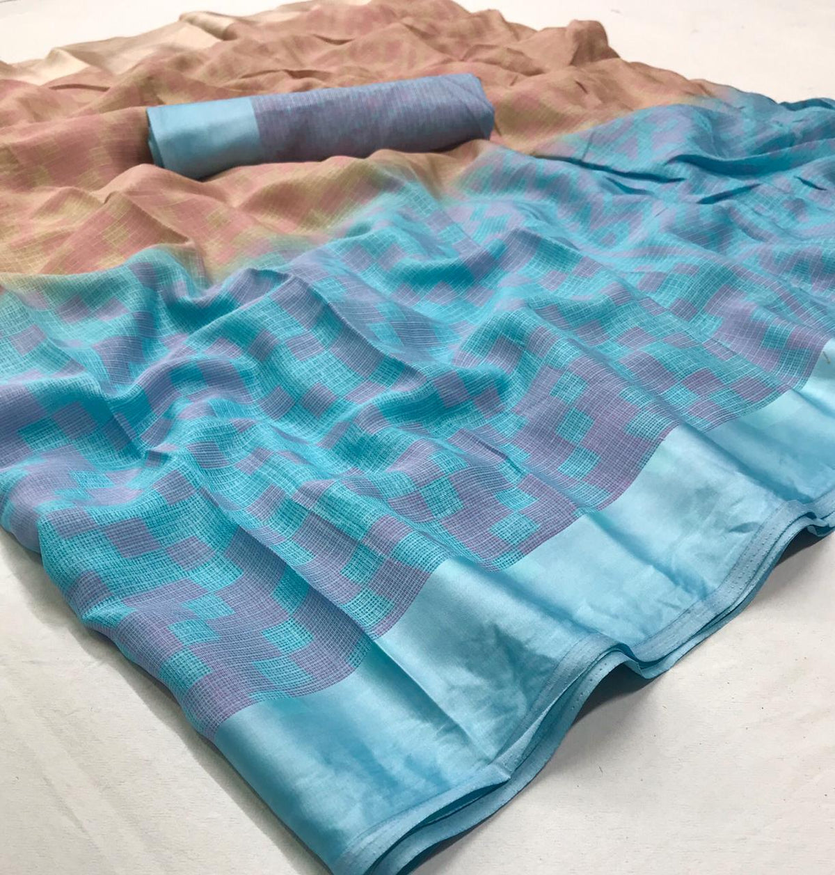 Staring Sky Blue And Biege Colored  Partywear Printed Pure Linen saree