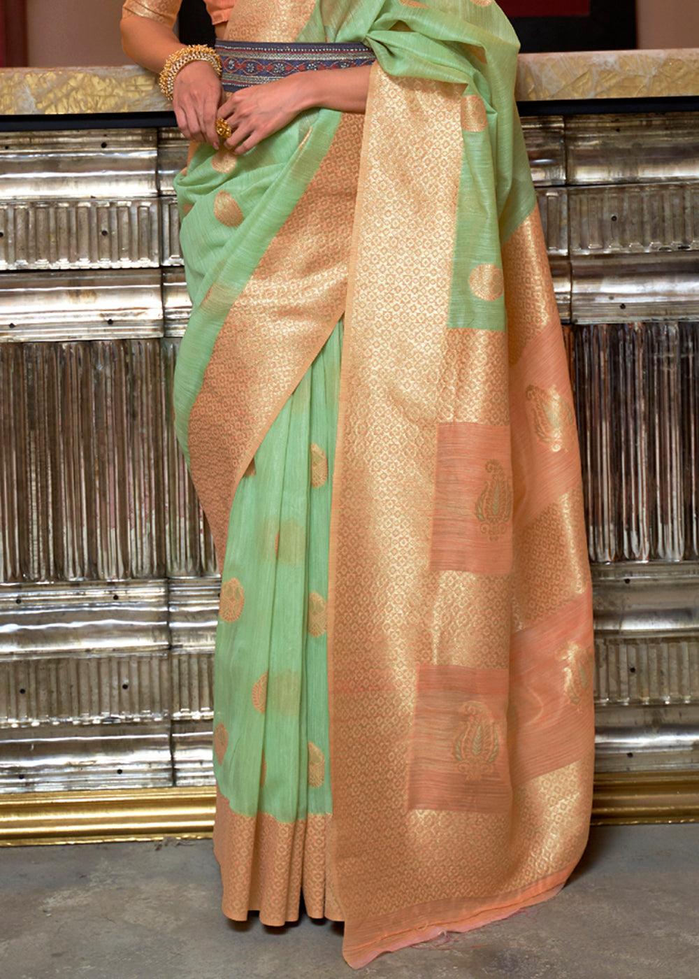 style bazaar peach & Green Linen Silk Saree