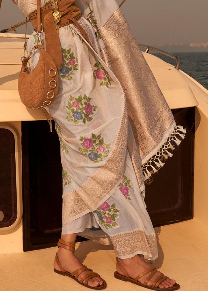 Trendy Off-White Colored Printed Pure Soft Silk Saree