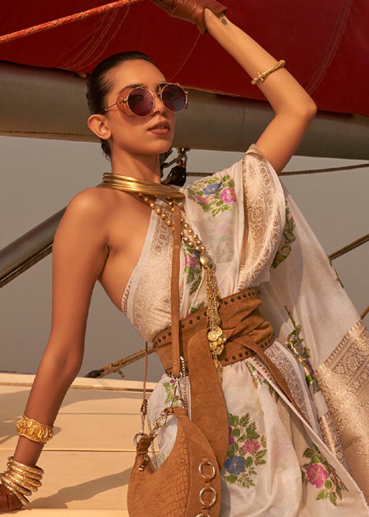 Trendy Off-White Colored Printed Pure Soft Silk Saree