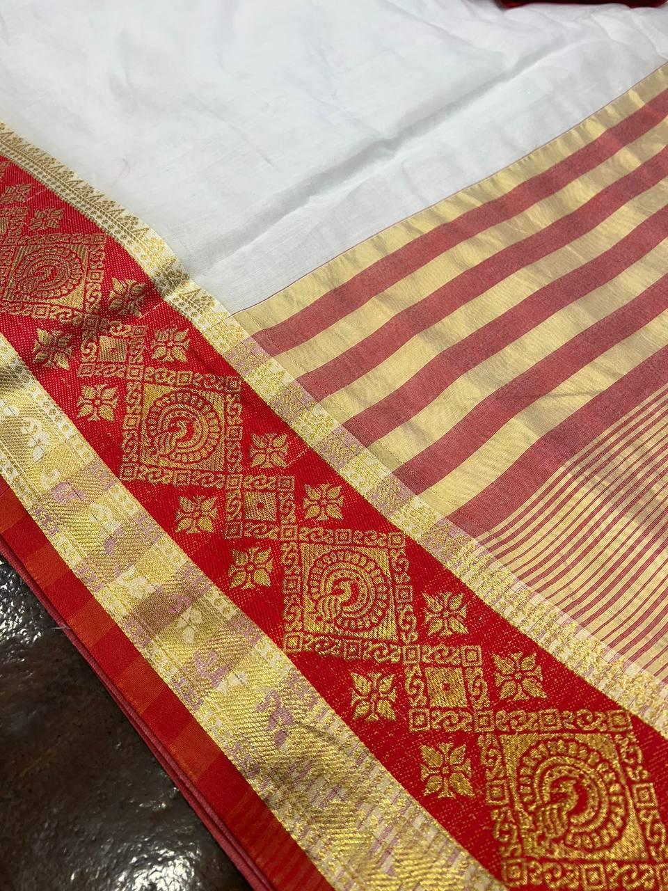 White And Red Color Digital Printed Saree With Blouse