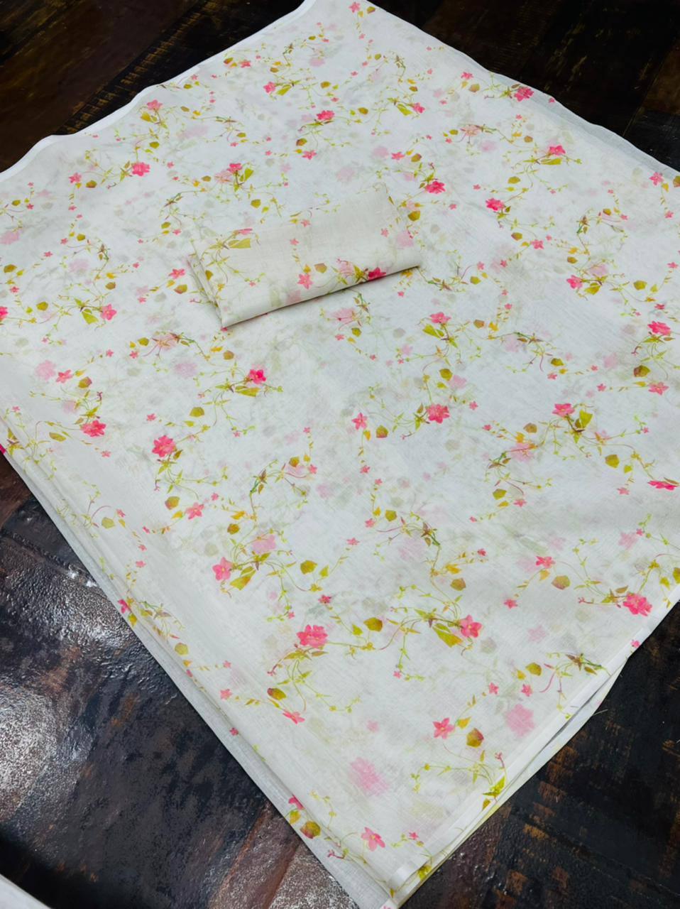 White Printed Linen Saree