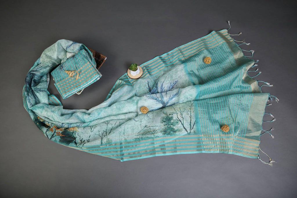 Wonderful Sky Blue Colored Cotton Linen Designer Printed Saree - Ibis Fab