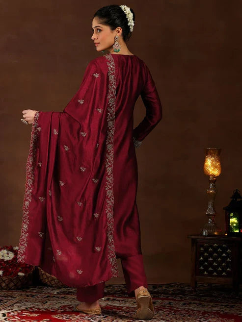 Wine Embroidered Vichitra Silk Suit Set